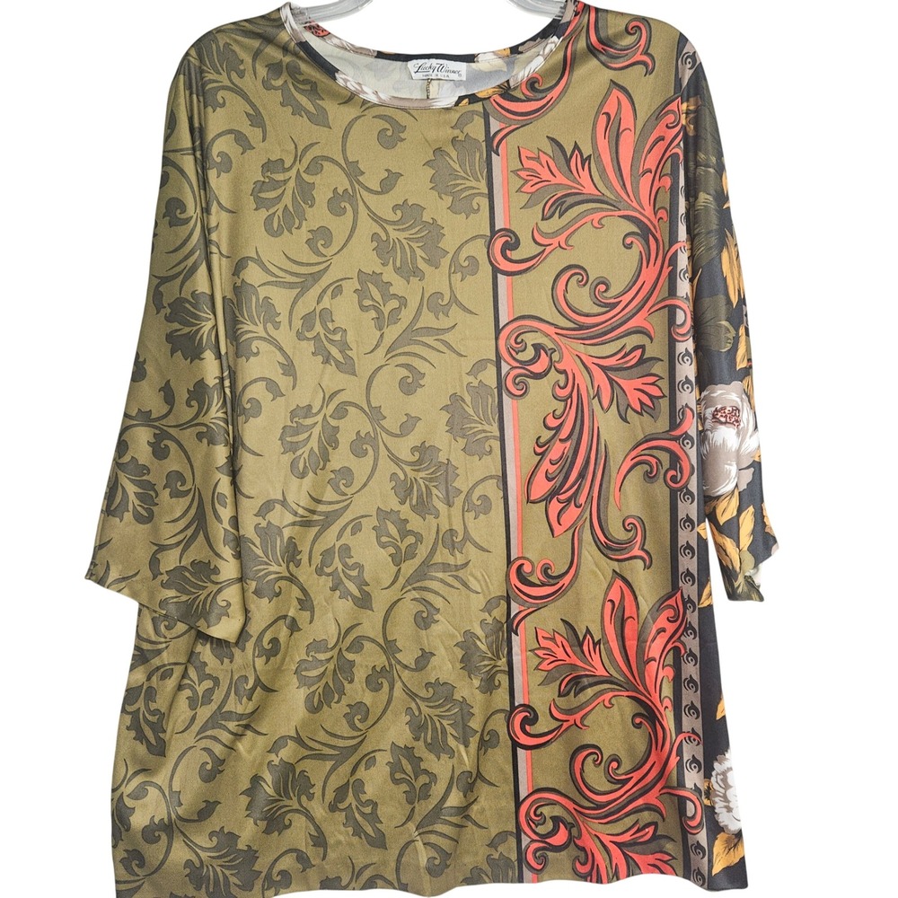 Lucky Winner Womens Olive Green Mixed Floral Damask Tunic Blouse 3/4 Sleeve XL